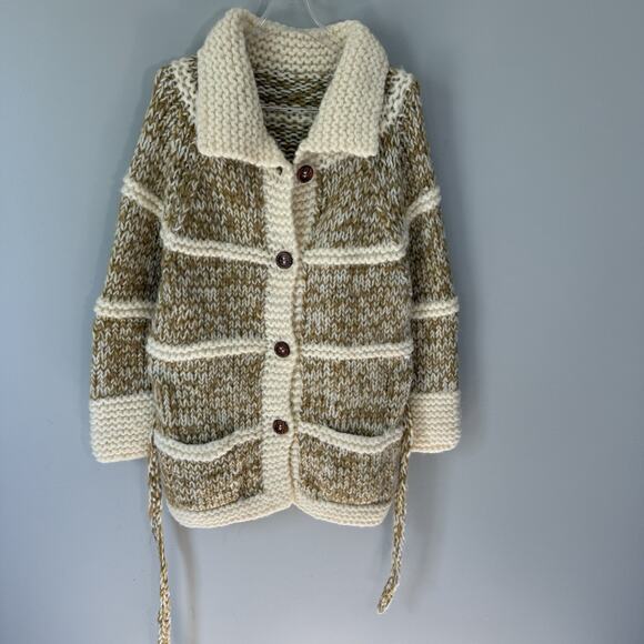 Stunning VTG Hand Knit Chunky Long Cardigan Belted Mustard Yellow Cream S Pocket - Picture 7 of 7